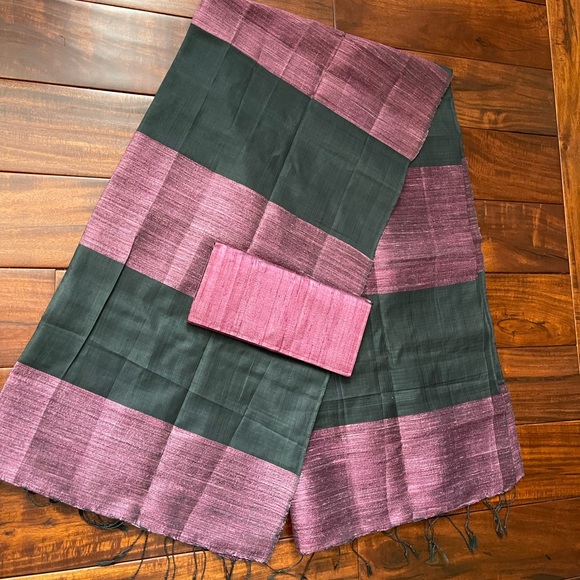 Buy Handwoven Cambodian Silk Tie Dyed Scarves For Girls Online Cambodian Khmer Silk Two Tone Black Purple Handmade Scarf and Wallet set
